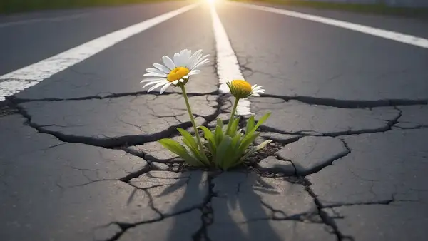 Symbolbild Resilienz, Löwenzahn, der Asphalt durchbricht